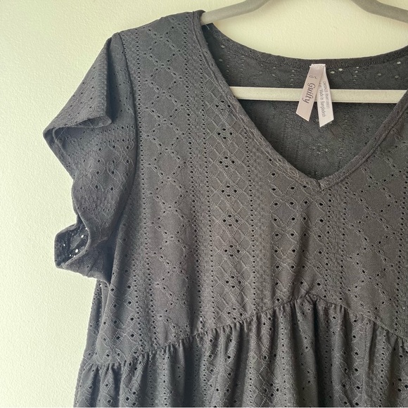 Guilty Black Eyelet Babydoll Mini Dress L Short Sleeve V-Neck Lined Casual Boho - Picture 3 of 12